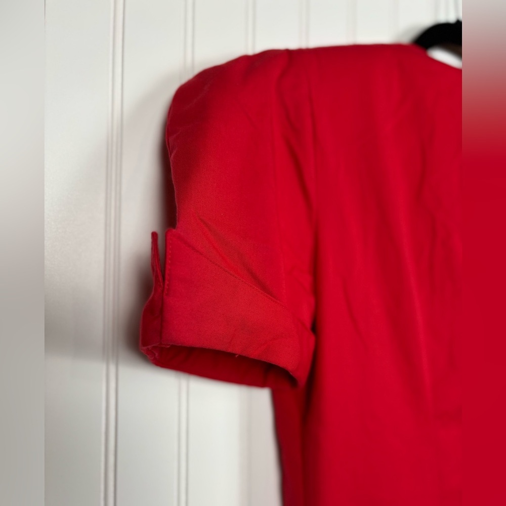 Vintage Apostrophe Red w/ Gold Button Front Dress Shoulder Pad Puff Sleeve Sz 12 - Picture 7 of 12